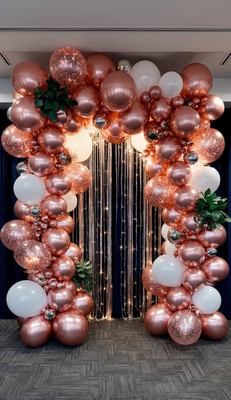Rose-toned prom balloon arch with white and silver balloons, built-in lighting, and vertical light strands in a formal setting.