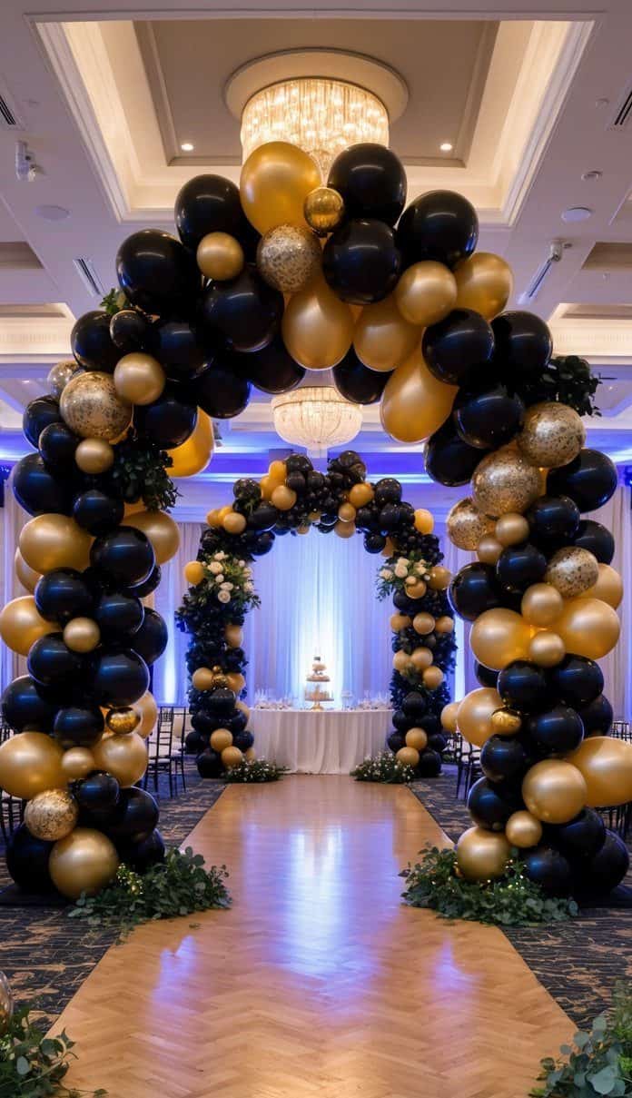 Large black and gold balloon arches with confetti accents and greenery in an upscale ballroom with chandelier lighting.