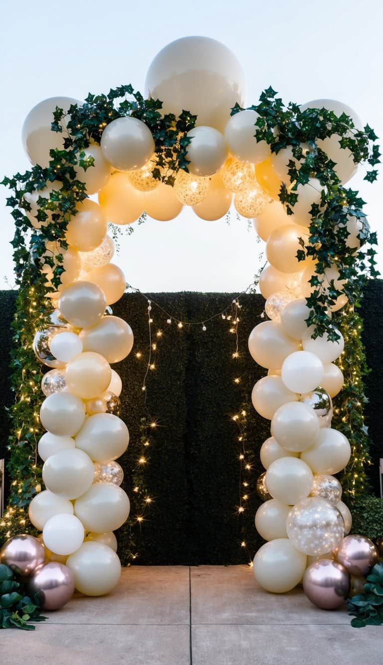 Elegant prom balloon arch with ivory and champagne balloons, ivy greenery, rose gold accents, and string lights.