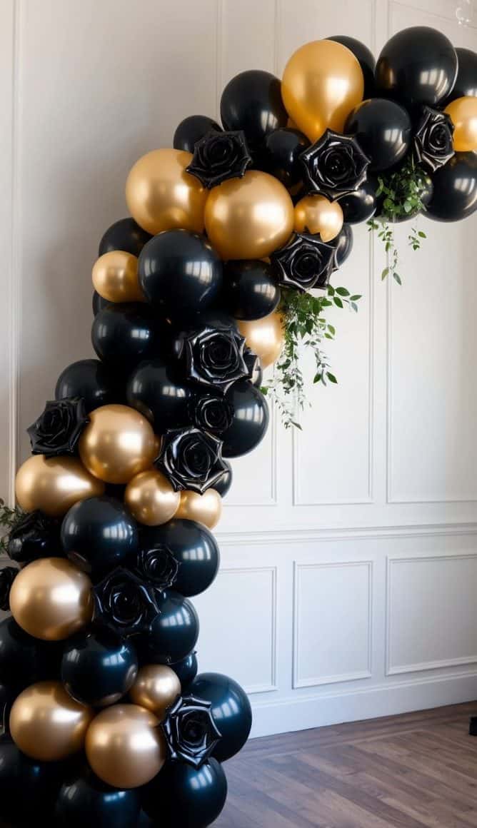 Elegant black and gold balloon arch featuring black balloon roses and scattered greenery against a white paneled wall.