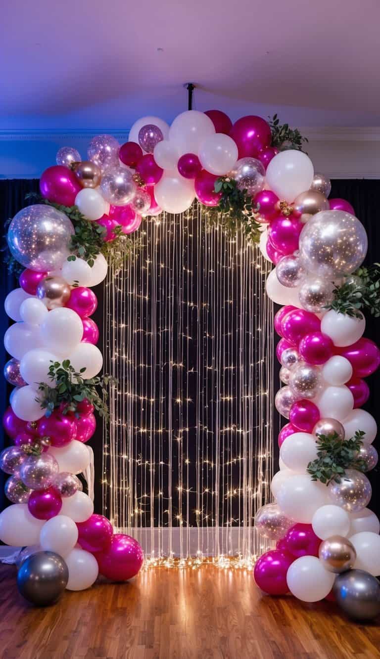 Elegant prom arch with pink and white balloons, glowing orbs, and light curtain backdrop.