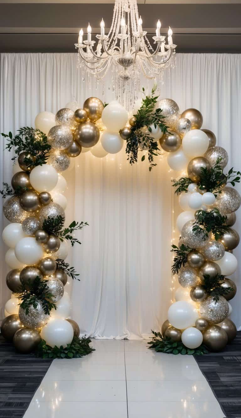 Sophisticated prom arch in gold and white with glitter balloons, lush greens, and chandelier lighting.