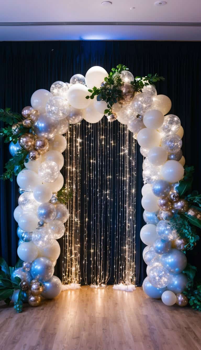 An arch made of white, gold, and transparent balloons, decorated with green leaves, stands in front of hanging string lights and a dark curtain on a wooden floor.