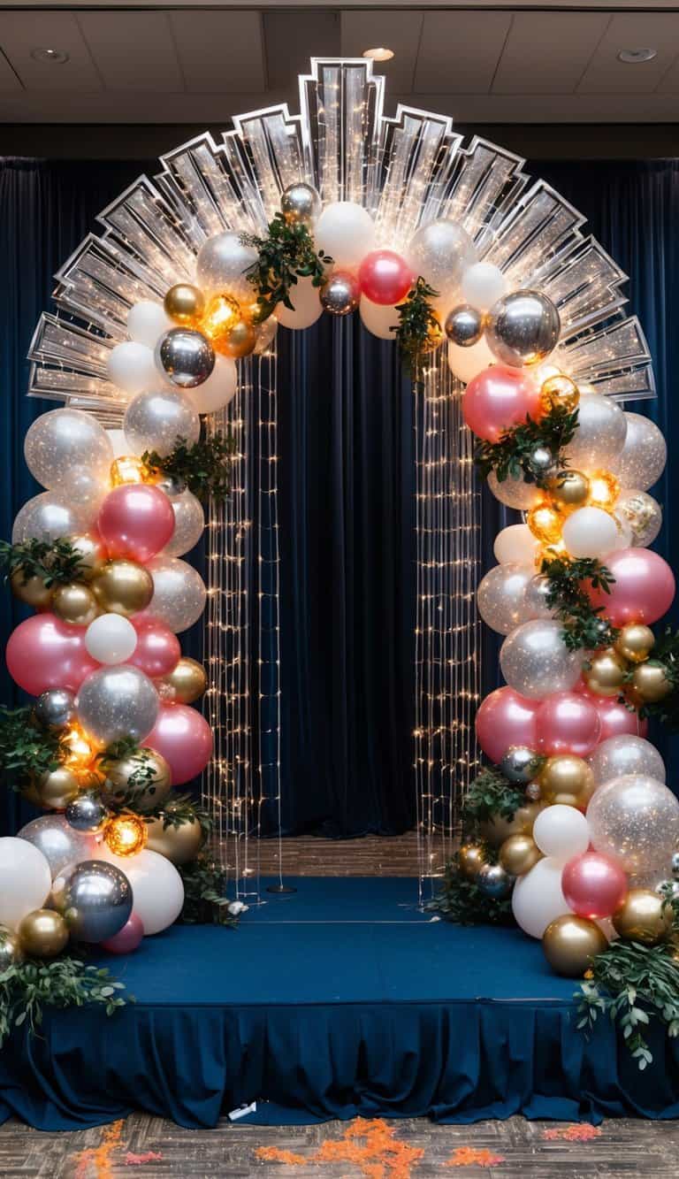 Glamorous prom balloon arch in rose, silver, and gold with greenery and art deco frame against a navy backdrop.
