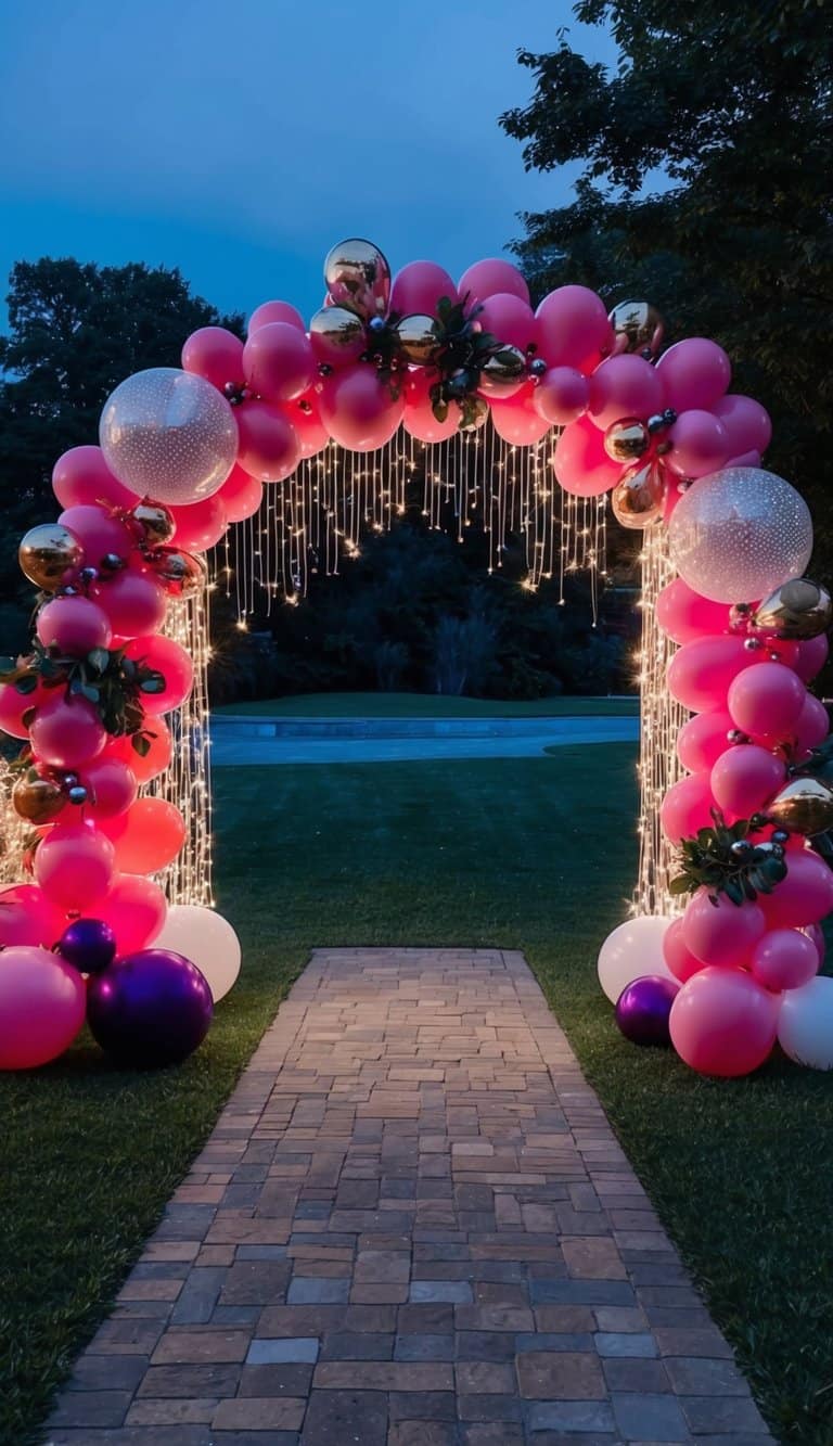 Prom balloon arch in magenta and gold with glitter balloons and fairy lights glowing in a night garden setting.