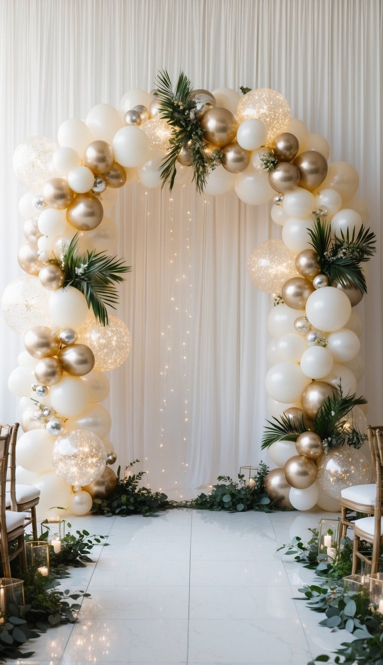 Elegant prom balloon arch in white and gold with soft lighting, greenery accents, and floor candles.