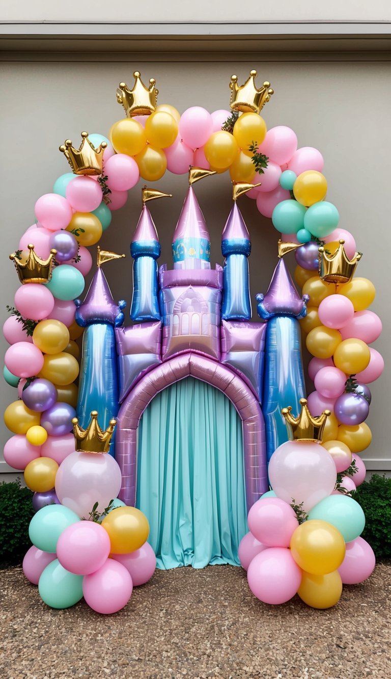 Balloon arch with pastel tones, metallic castle, gold crowns, and greenery accents for a princess party.
