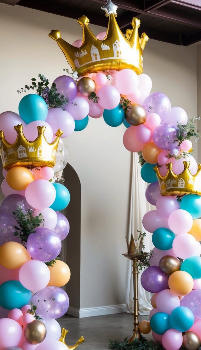 Magical princess balloon arch with pink, lilac, teal, and peach balloons, gold crowns, and greenery accents.