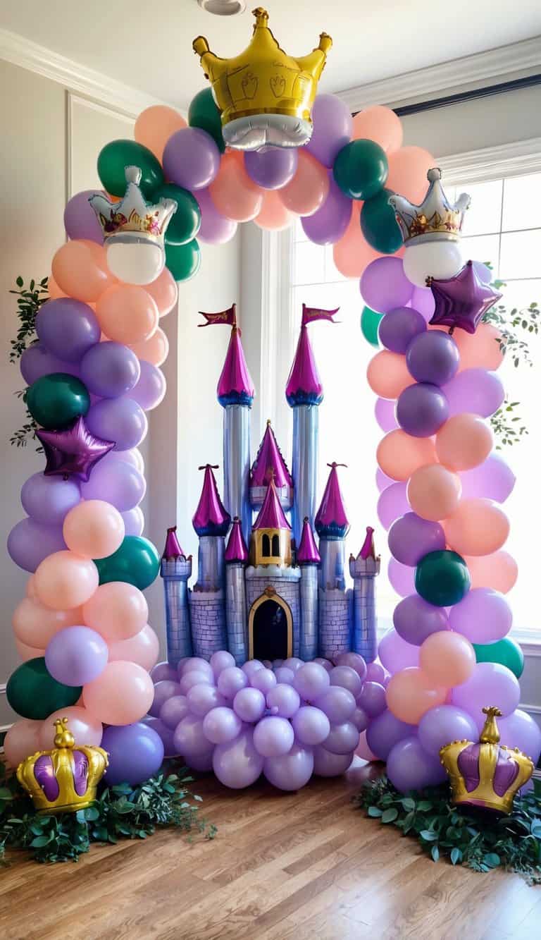 Magical princess arch with pastel balloons, gold and silver crowns, castle balloon display, and green foliage.