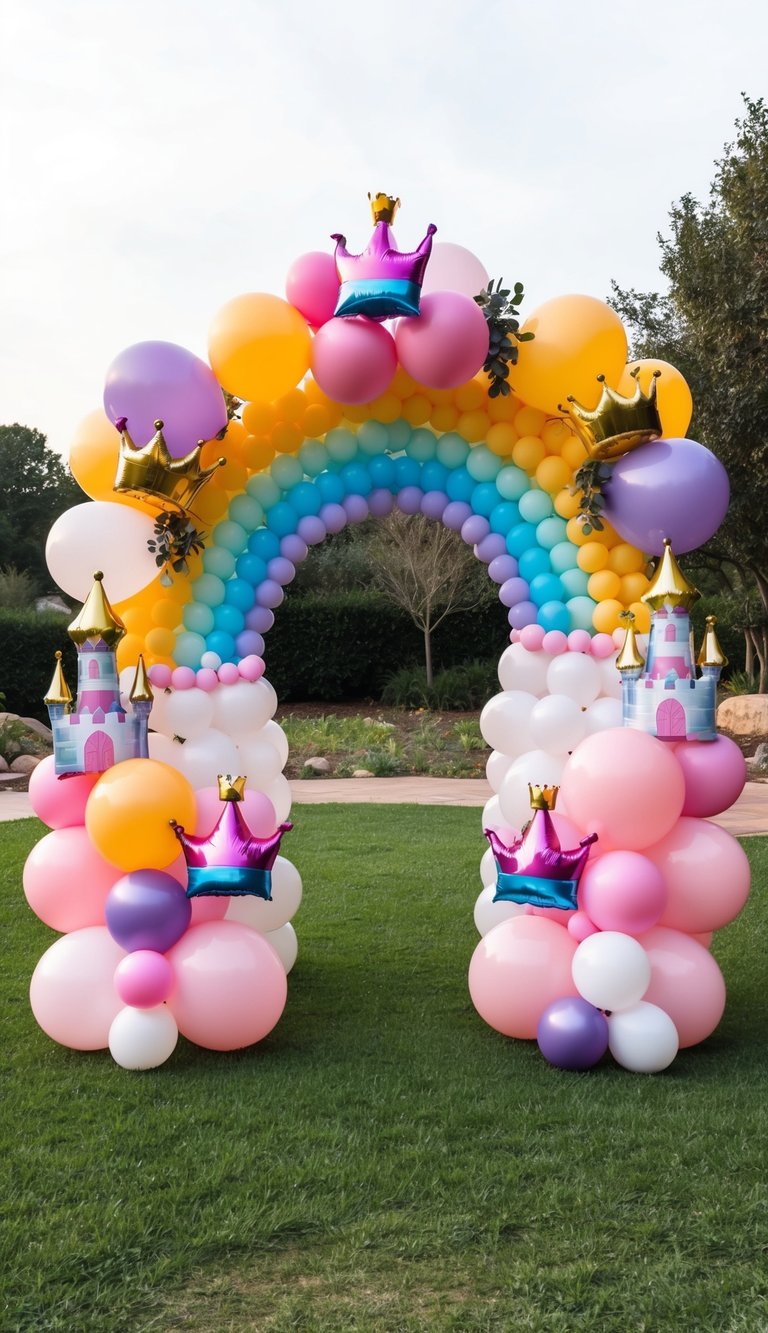Rainbow princess balloon arch with colorful balloons, crown foils, castle inflatables, and green outdoor background.