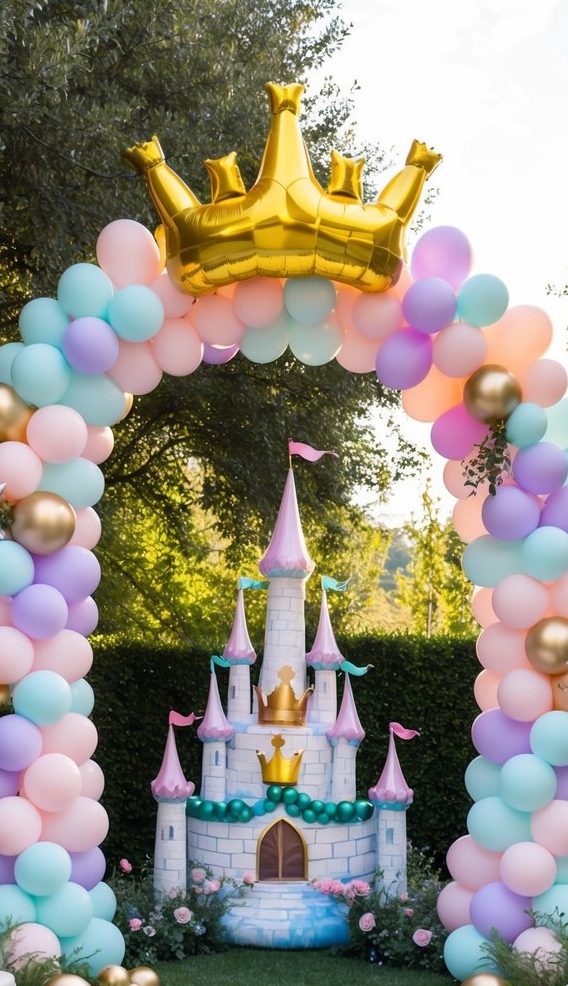Princess balloon arch with cotton candy pink, lilac, sky blue, peach balloons, gold crown, and fairytale castle backdrop.