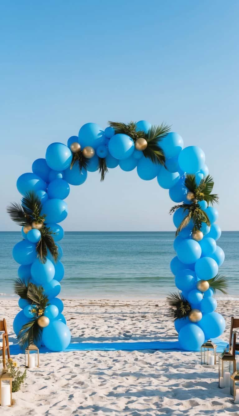 A blue balloon arch with palm leaves stands on a sandy beach near the ocean, surrounded by candles and wooden chairs under a clear sky.