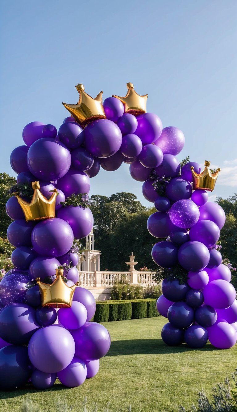 Outdoor balloon arch with deep royal purple balloons and gold crown toppers, set in a garden.