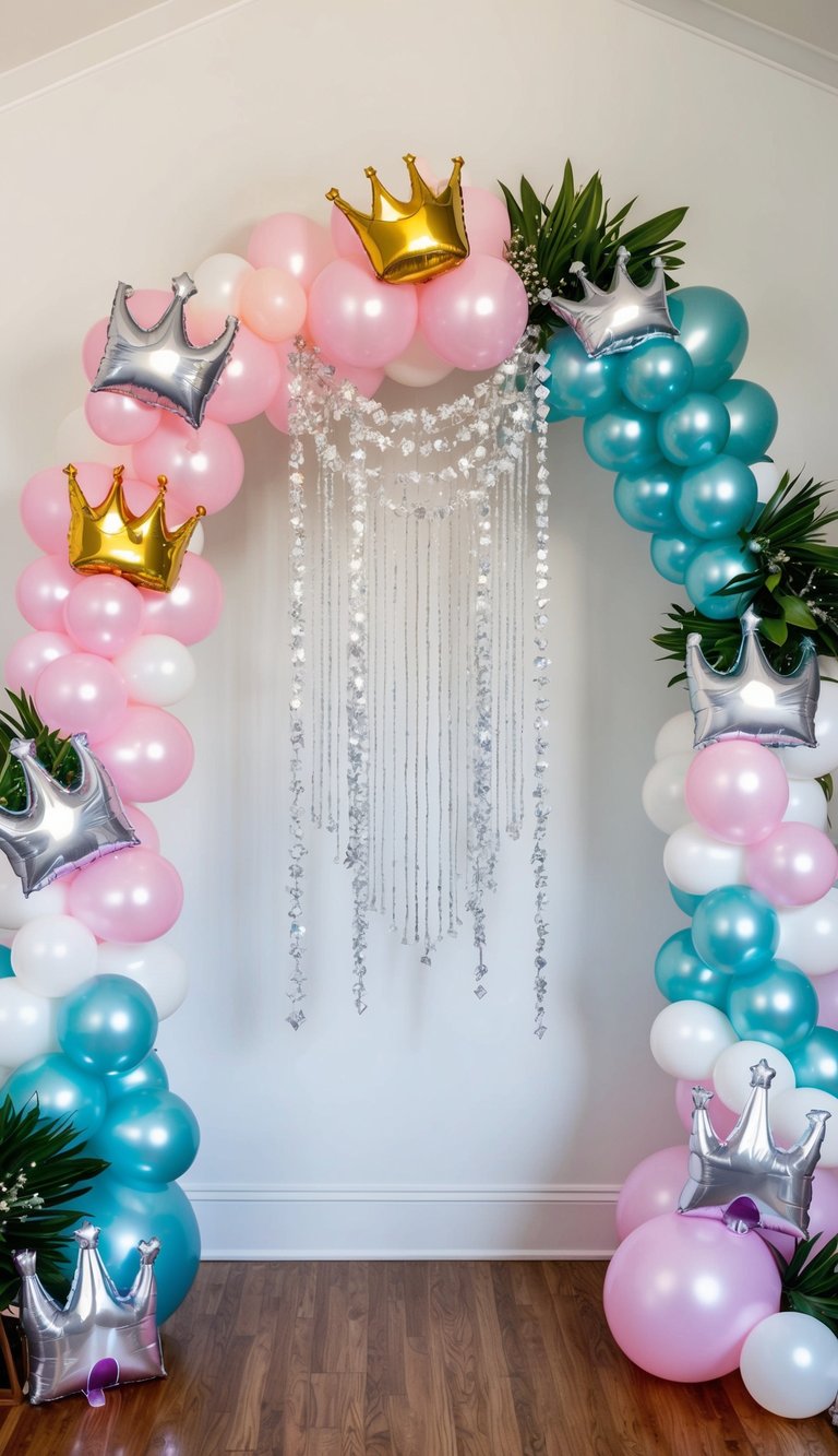 Balloon arch with pink, teal, and white balloons, gold and silver crown toppers, and crystal bead backdrop.