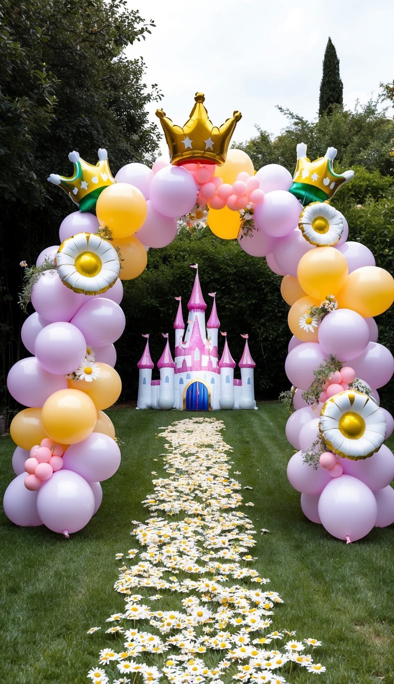 Balloon arch in blush, yellow, and lilac with daisy balloons, gold crowns, and floral path to pink castle.