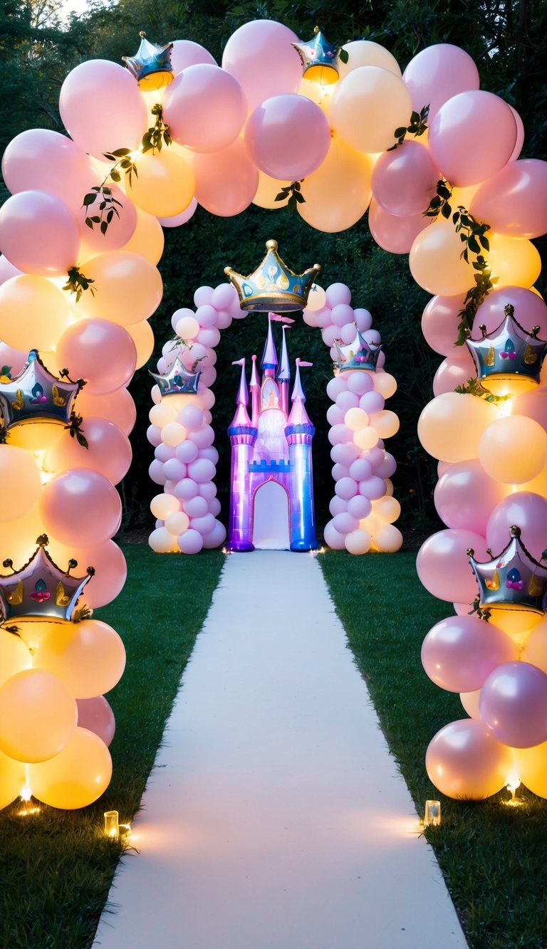 Evening pink balloon arches with crown toppers and greenery, leading to glowing castle backdrop outdoors.