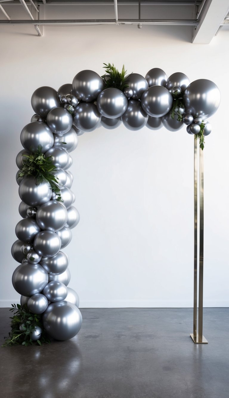 Chrome silver balloon arch with greenery accents and a gold metal stand base on a polished concrete floor.