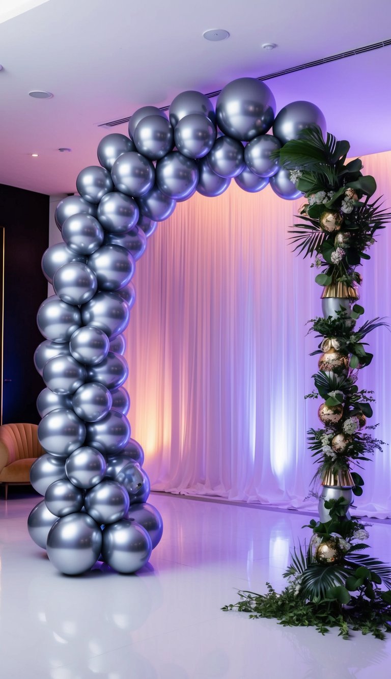 Deep silver balloon arch with structured greenery, floral accents, and gold balloon elements set against dramatic uplighting.