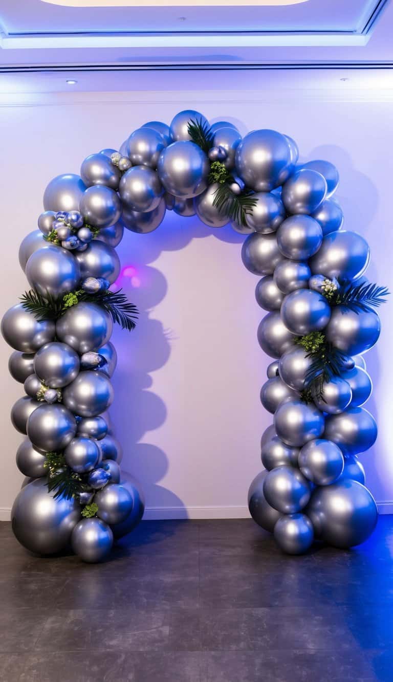 Shimmering chrome silver balloon arch with tropical greenery and soft floral accents under modern ceiling lighting.