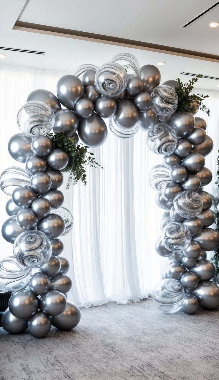 Modern silver and clear balloon arch with glass-like orbs and green foliage at a sleek event venue.