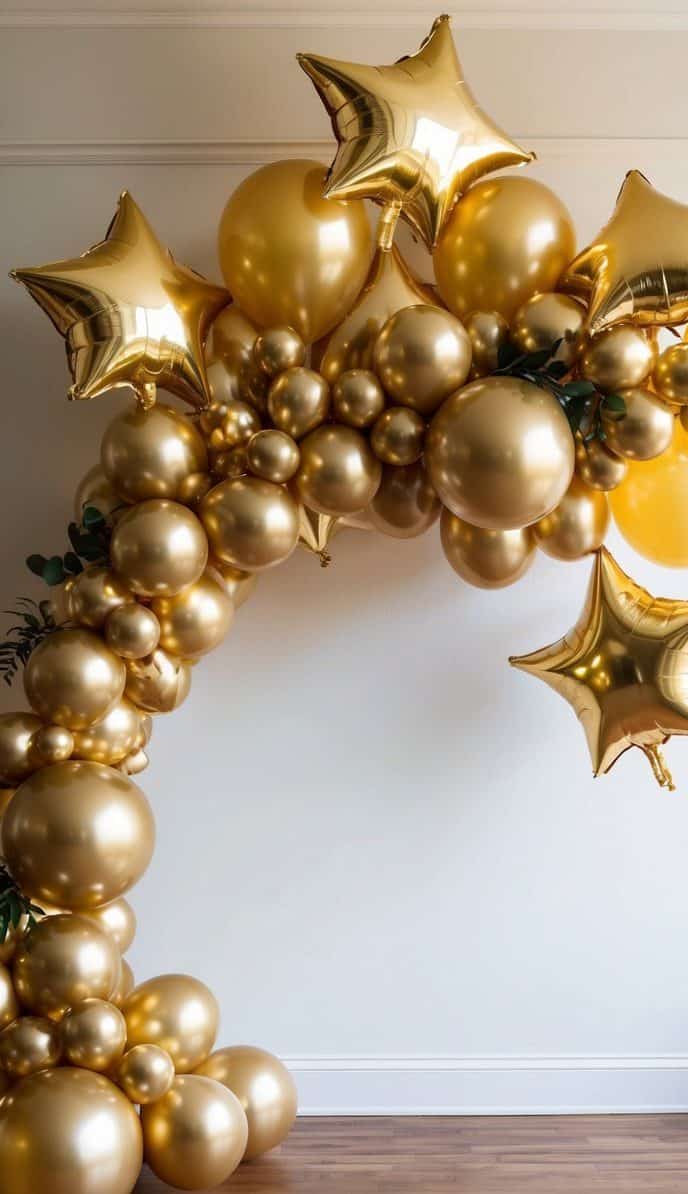 Gold balloon arch with metallic star-shaped balloons and scattered greenery against a white wall and wood floor.