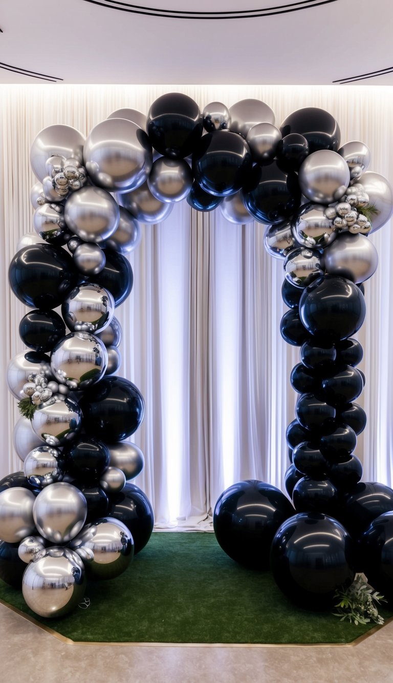 Elegant balloon arch with matte black and mirror-silver balloons, perfect for luxury indoor events.