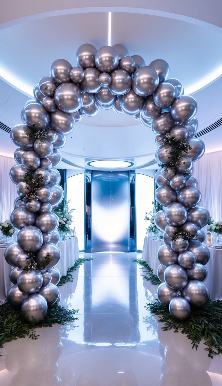 Elegant chrome-silver balloon arch adorned with green sprigs, set at a white-lit event entrance.