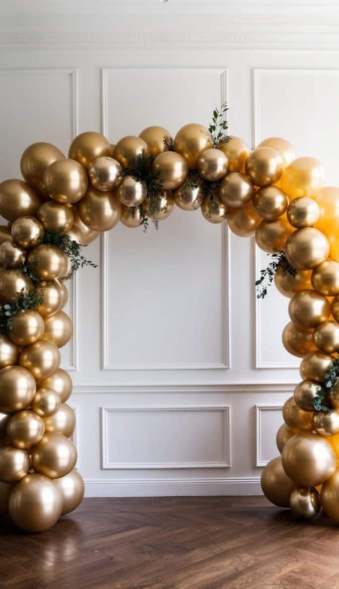 Gold balloon arch with eucalyptus accents in front of white paneled wall and wooden floor.  