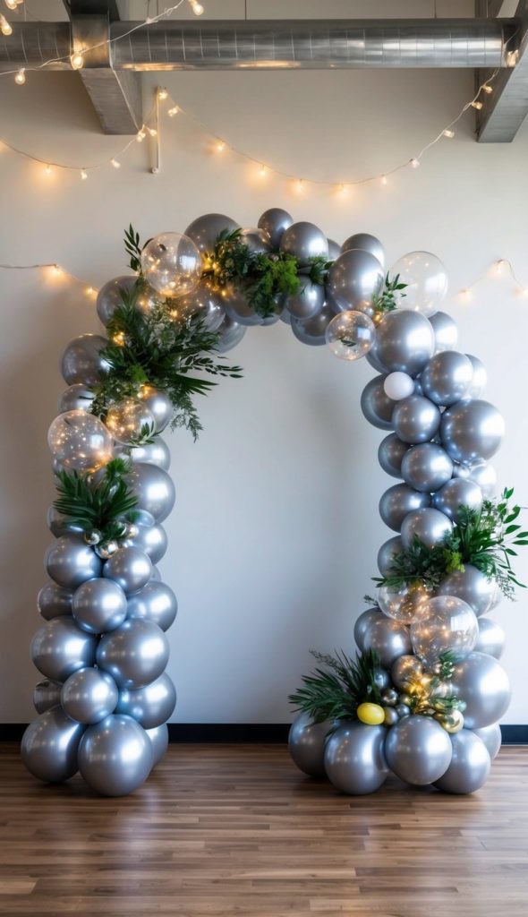 A large arch made of silver and clear balloons, decorated with green foliage and string lights, stands on a wooden floor against a white wall with hanging lights.