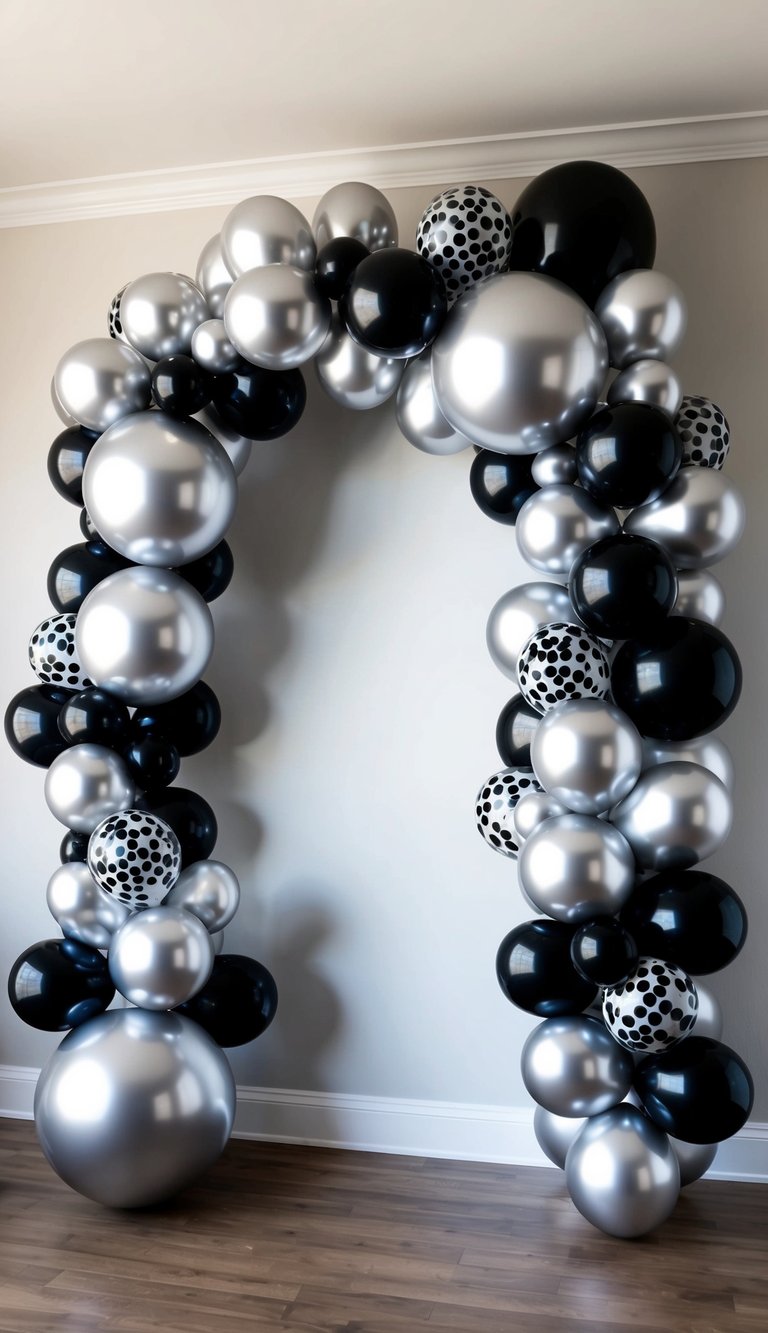 Modern balloon arch featuring black, silver, and black-and-white spotted balloons, perfect for bold event decor.
