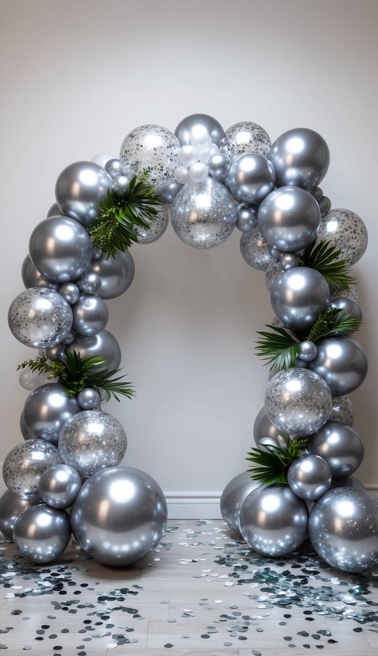 Party balloon arch with silver chrome balloons, glitter-filled clear balloons, and confetti-covered light wood floor.