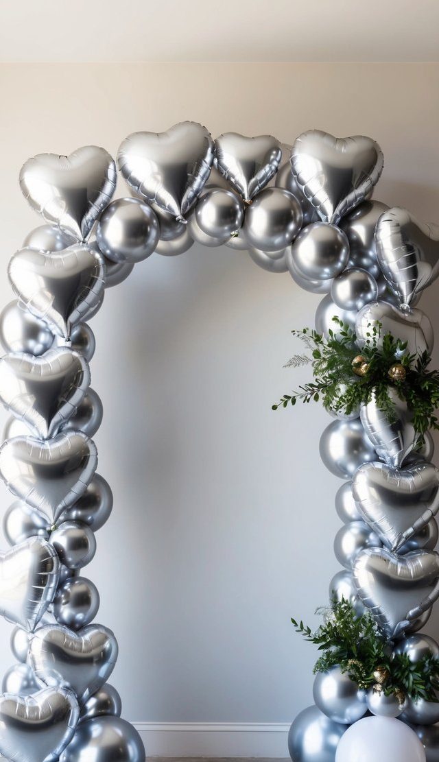 Silver balloon arch with heart-shaped foil balloons, lush greens, and festive accents for romantic-themed parties.