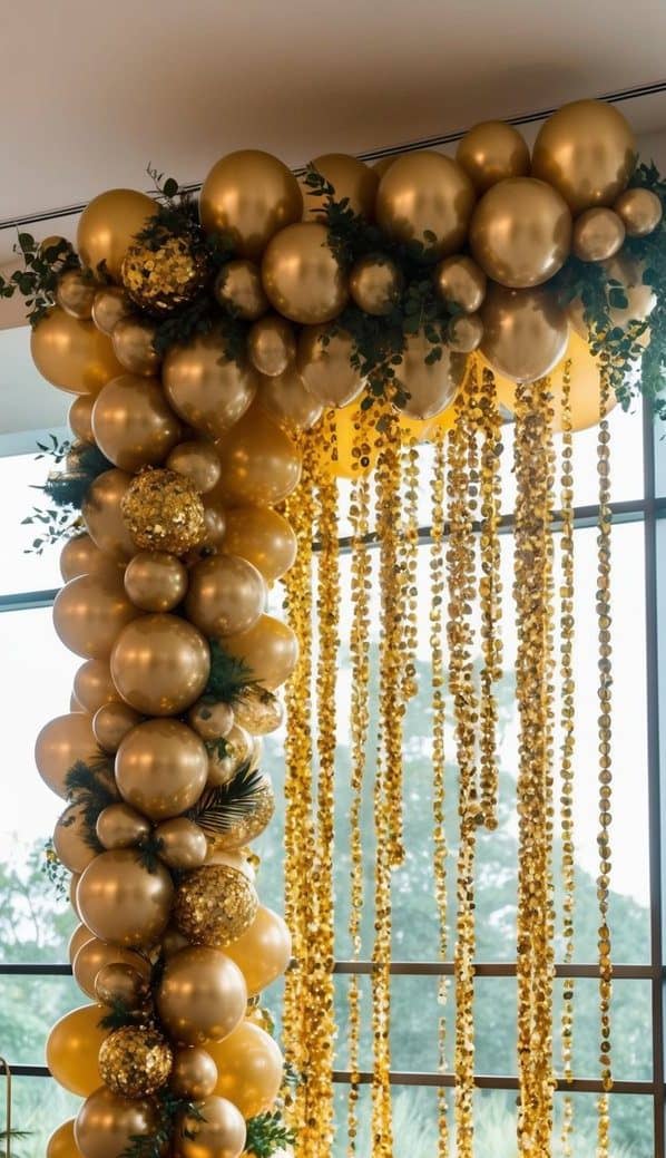 Gold balloon arch with greenery and dramatic golden bead curtains hanging in front of large windows