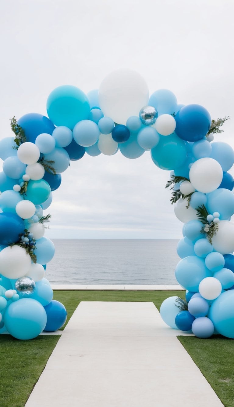 Dreamy outdoor balloon arch in icy blue and white shades with subtle greenery, set against a cloudy ocean horizon.