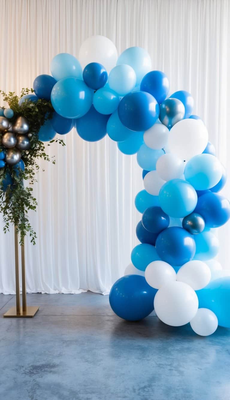 Blue, white, and silver balloon arch with greenery accents and metallic balloon cluster on gold stand.