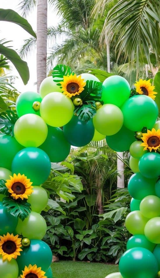Green balloon arch featuring yellow sunflower accents and leafy tropical décor in a palm-lined outdoor space.