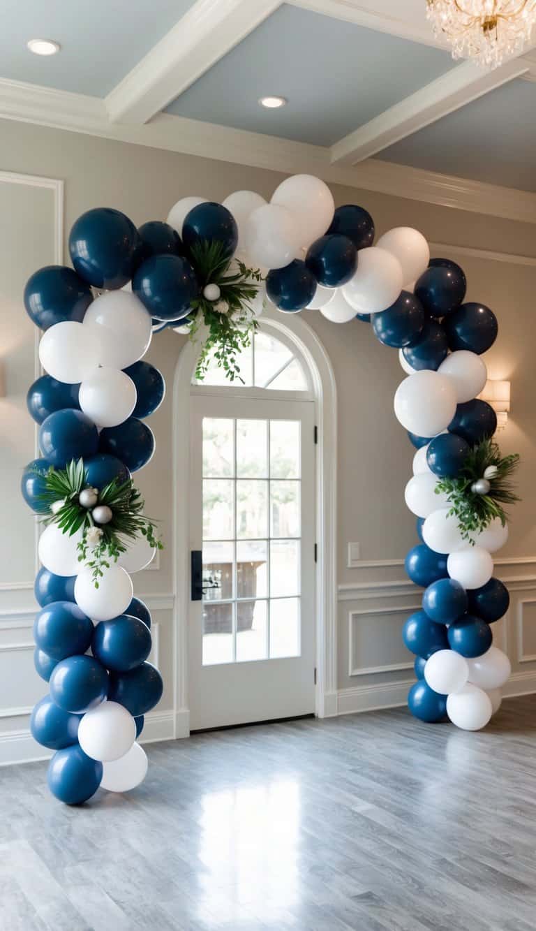 Navy blue and white balloon arch with tropical greenery and silver accents in a bright indoor event space.