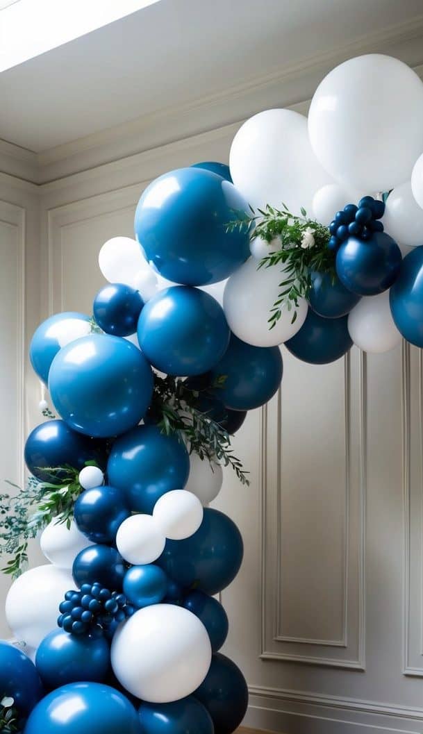 Close-up of blue and white balloon arch with greenery and mini balloon clusters in a formal indoor setting.