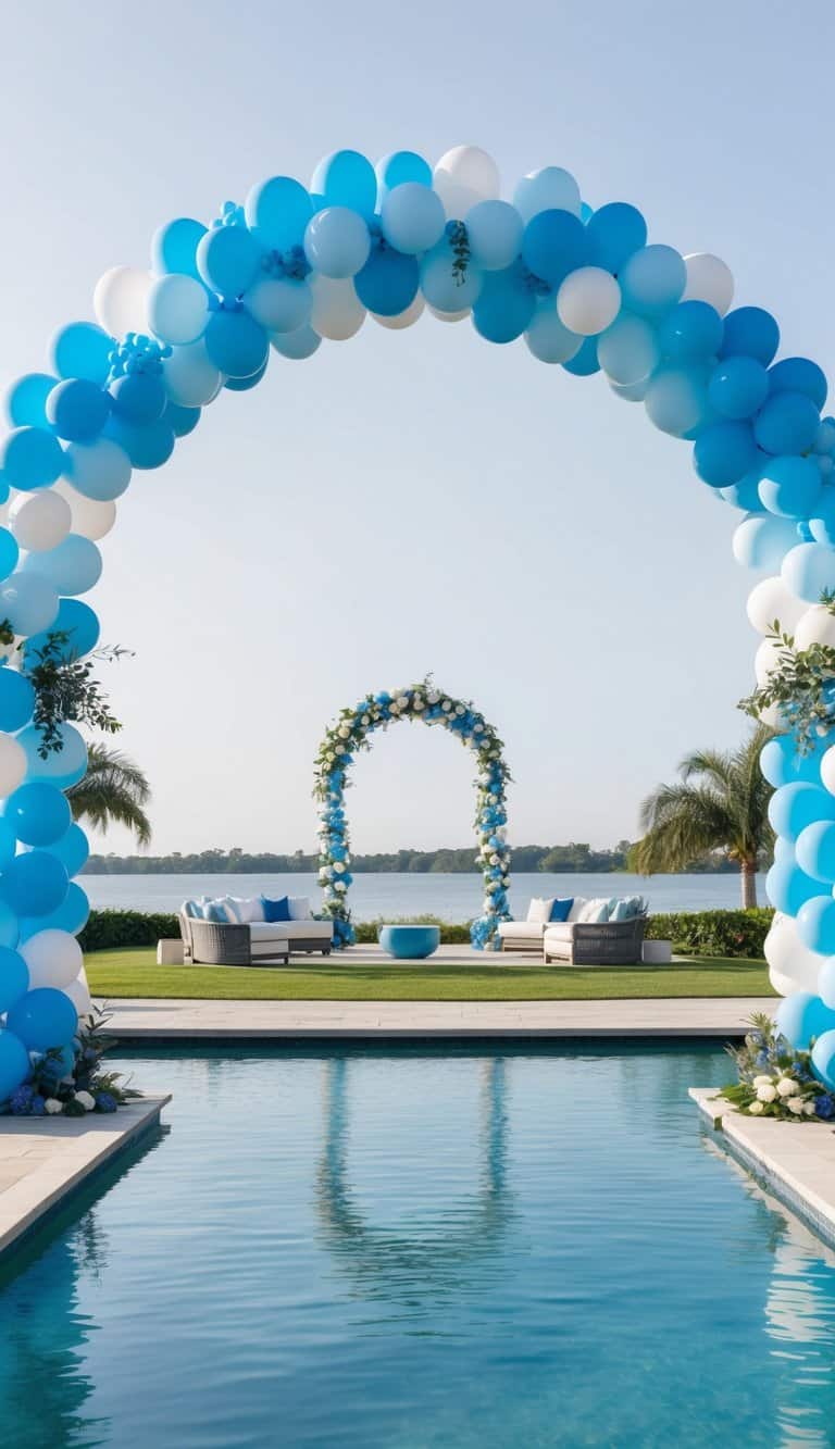 Outdoor poolside setup with double blue and white balloon arches and waterfront ceremony seating.