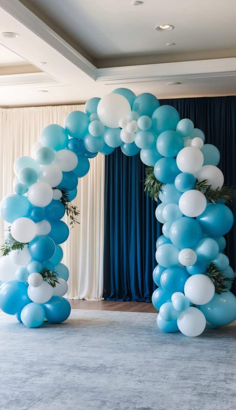 Elegant balloon arch in soft blue and white with greenery accents, set against navy and ivory fabric backdrops.