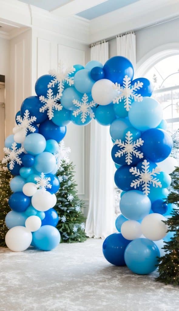 An arch made of blue and white balloons decorated with large white snowflake cutouts stands indoors near some artificial pine trees.