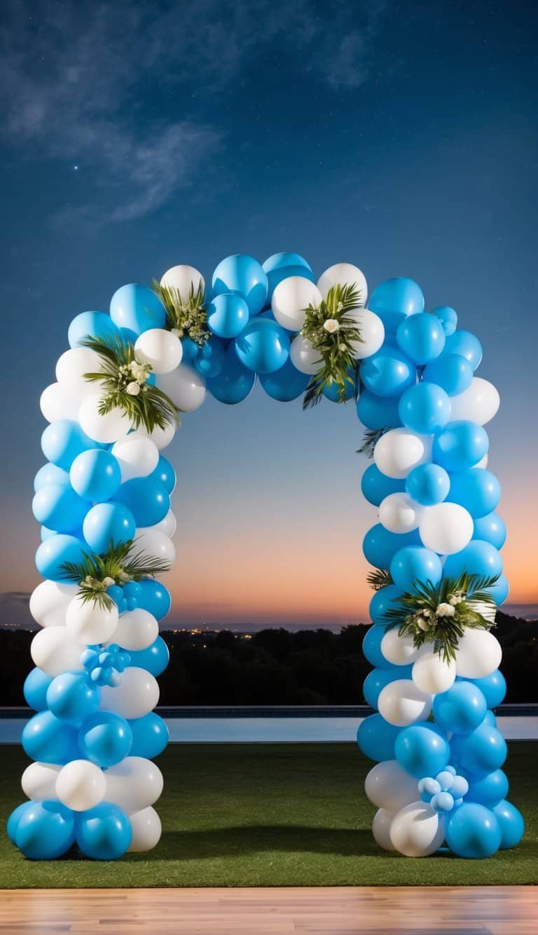 Balloon arch in blue and white with tropical greenery and floral accents, standing on grass against a sunset-lit sky.