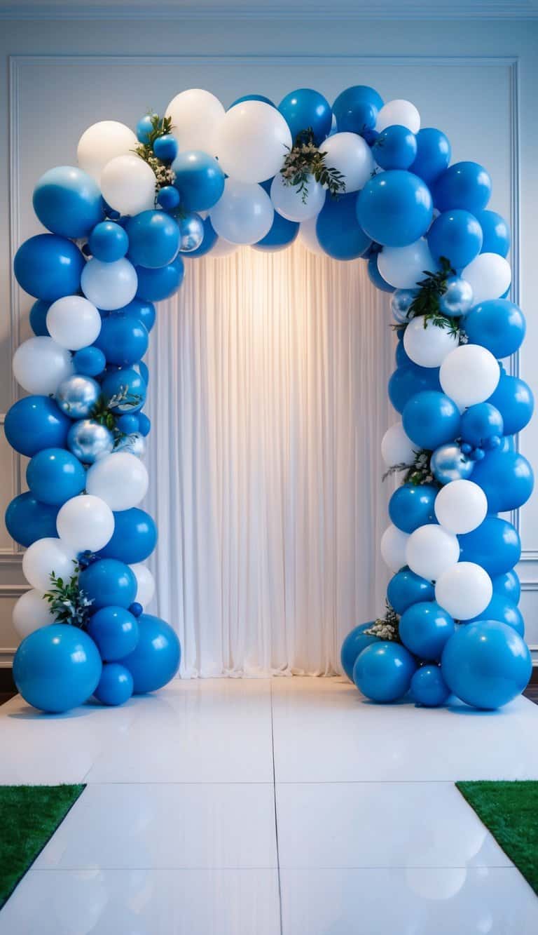 Blue and white balloon arch with silver balloons and green sprigs, framing a white fabric backdrop in a polished indoor setting.