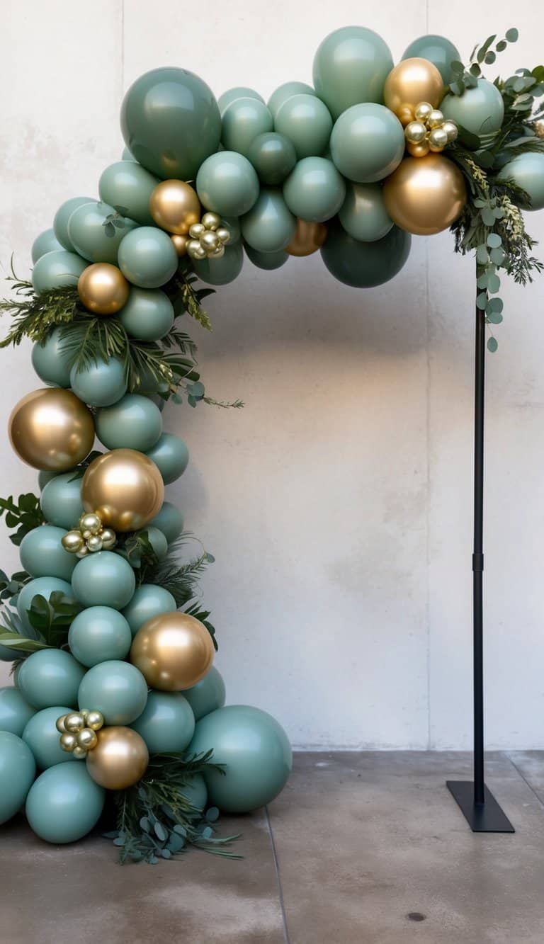 Sage green balloon arch with gold balloons and greenery accents for a simple party decoration.