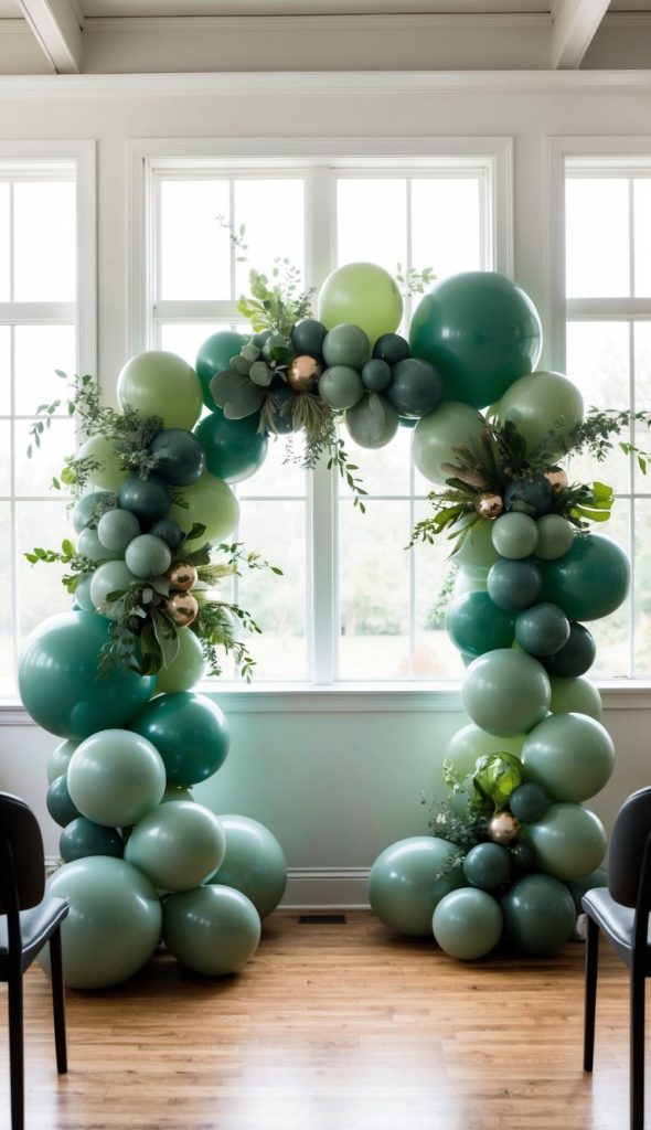An arch made of green and gold balloons with greenery decorations stands in front of large windows in a bright room with wooden floors.