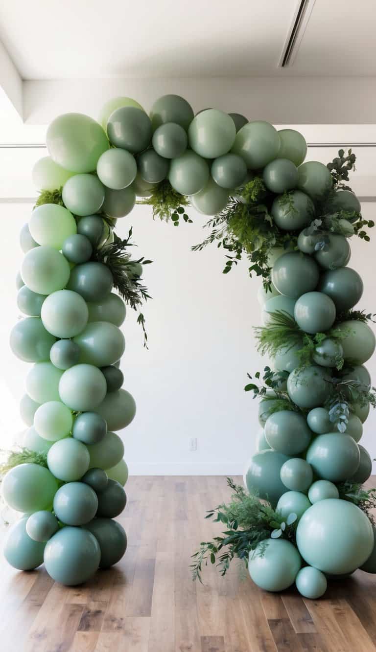 Sage green balloon arch filled with soft green balloons and trailing ferns.