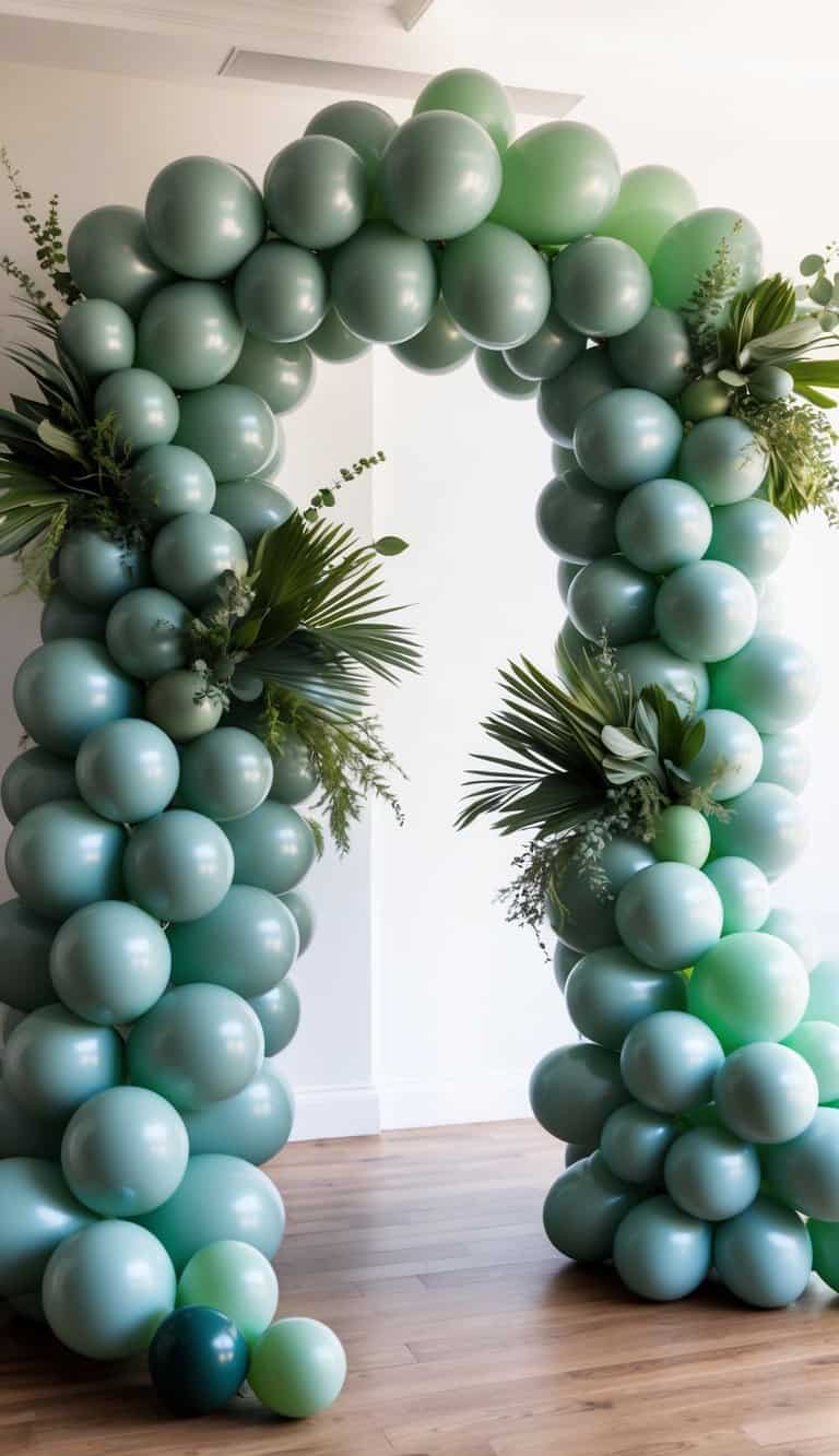 Sage green balloon arch with palm leaves and clustered green balloons.