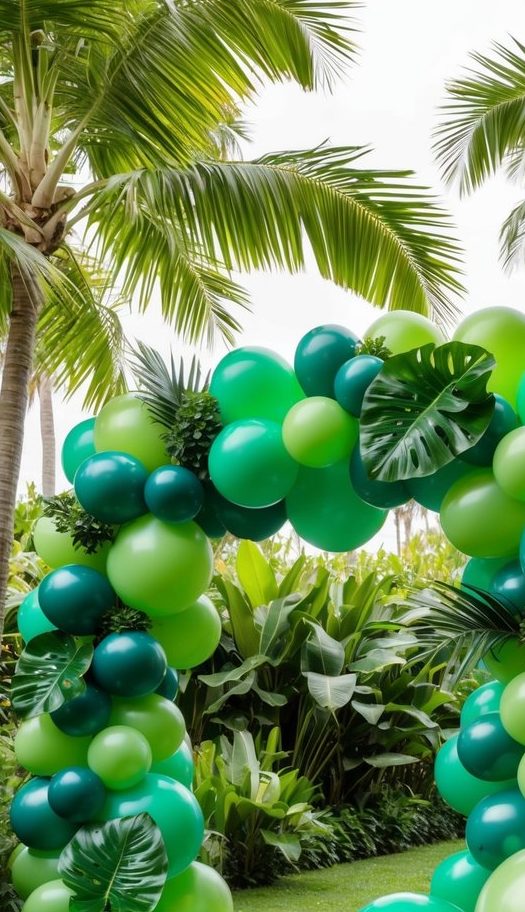 Tropical sage green balloon arch with monstera and palm leaves in bright green shades.