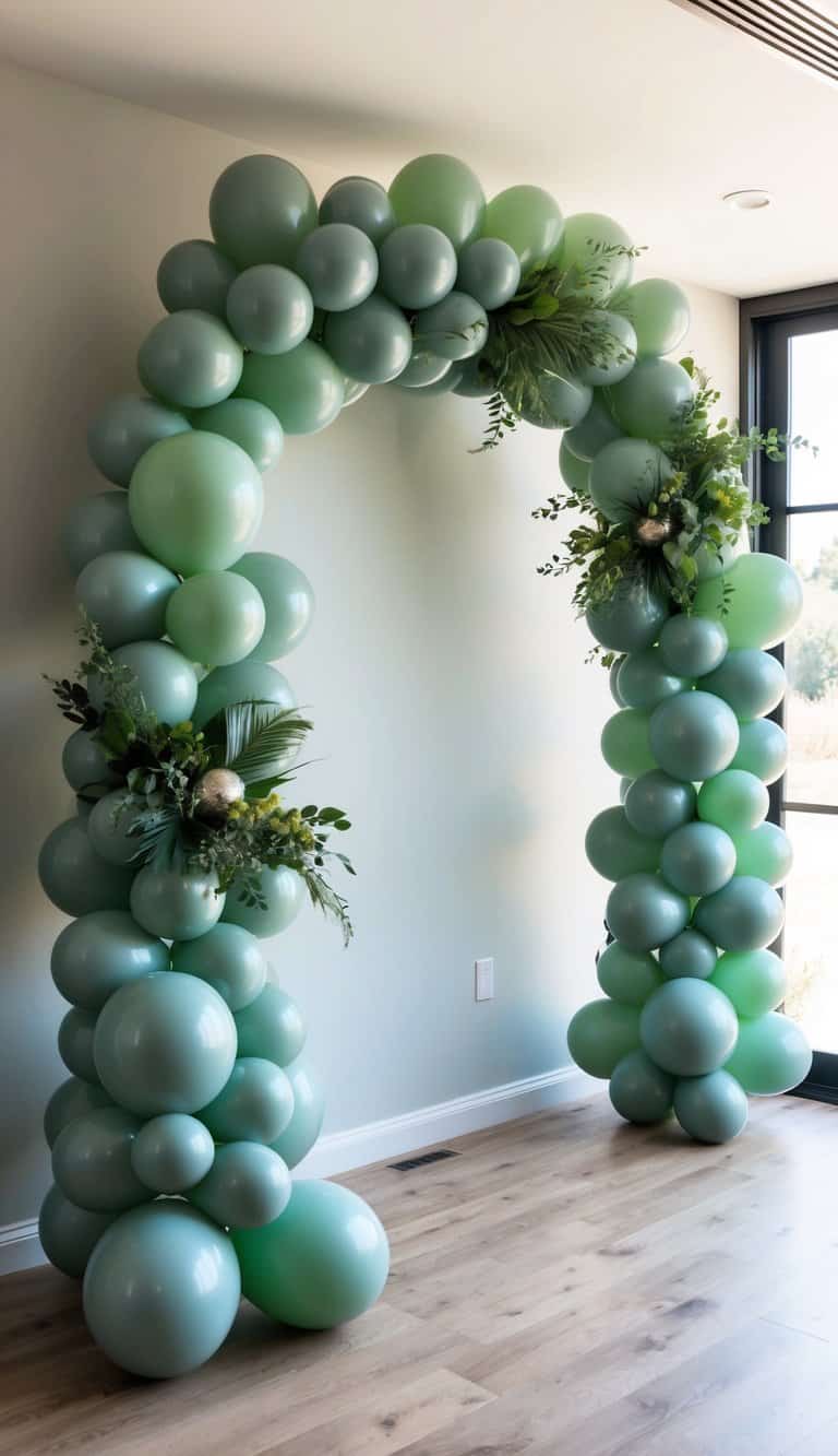 Balloon arch with sage green balloons, greenery, and small metallic silver balloons for subtle shine.