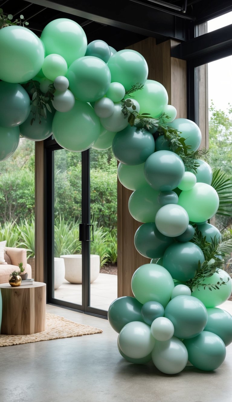 Layered sage green balloon arch with mixed balloon sizes and eucalyptus accents.